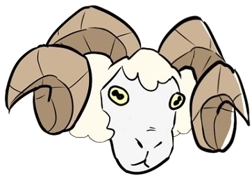 A small drawing of a sheep's head. It has large, curly horns and fluffy, beige wool.